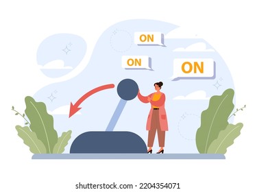 To turn on concept. Character presses the switch button or pull a lever. A switcher turns on starting a work. New beggining idea. Flat vector illustration