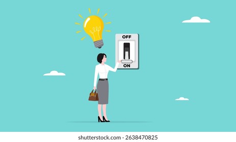 turn on creative light bulb idea, businesswoman turns on the switch to activate the light bulb idea, critical thinking or emotional intelligence, wisdom using knowledge or mindset