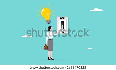 turn on creative light bulb idea, businesswoman turns on the switch to activate the light bulb idea, critical thinking or emotional intelligence, wisdom using knowledge or mindset