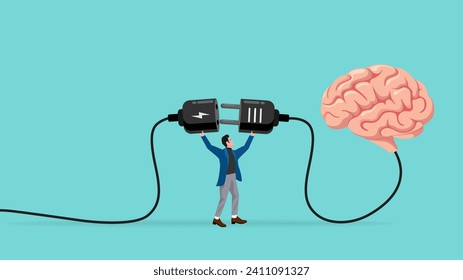 turn on creativity and idea thinking, imagination or innovation to create new idea concept, creative mind and brain illustration, businessman connect plug with brain idea to power socket concept
