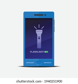 Turn on flashlight on the smartphone,vector flat design isolated on white background.
