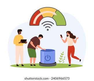Turn on internet access and communication. Tiny people push circle button with power sign, boost signal speed on digital speedometer and connect to wireless hotspot zone cartoon vector illustration