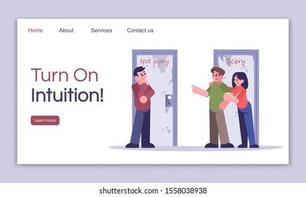 Turn on intuition landing page vector template. Team logic game website interface idea with flat illustrations. Difficult decision homepage layout. Quest room web banner, webpage cartoon concept