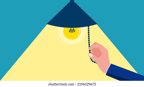 Turn on the lamp by turning on the light switch. vector illustration