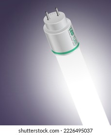 Turn on LED tube light on dark background. Energy saving lighting product advertisement template. Realistic EPS file.