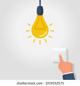 To Turn On The Light. The Man Presses The Switch Button With His Finger. Electricity Saving Template. The Switch Is Insulated On The Wall. Vector Illustration Flat Design. 