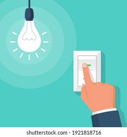 To turn on the light. The man presses the switch button with his finger. Electricity saving template. The switch is insulated on the wall. Vector illustration flat design. 