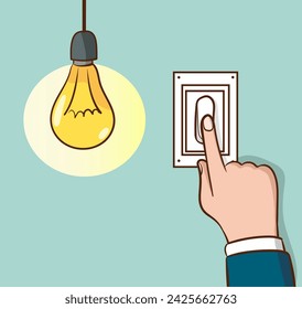 To turn on the light. The man presses the switch button with his finger. Electricity saving template.