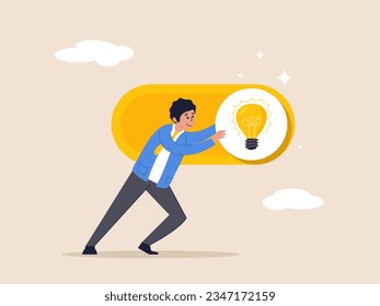 Turn on new idea concept. Toggle lightbulb idea invention, unlock or active, businessman push toggle switch to turn on idea. Solution or innovation to solve problem. Enable knowledge or creativity.
