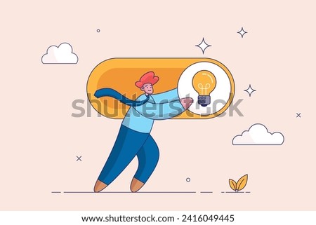 Turn on new idea concept. Toggle lightbulb idea invention, unlock or active, businessman push toggle switch to turn on idea. Solution or innovation to solve problem. Enable knowledge or creativity.