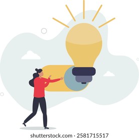 Turn on new idea, solution or innovation to solve problem, enable knowledge or creativity, toggle lightbulb idea invention, unlock or active concept.flat characters.