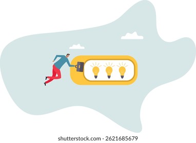 Turn on new idea, solution or innovation to solve problem, enable knowledge or creativity, toggle lightbulb idea invention,character for design.