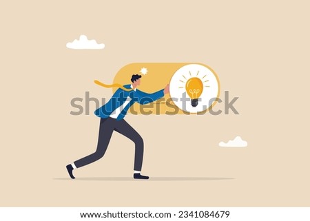 Turn on new idea, solution or innovation to solve problem, enable knowledge or creativity, toggle lightbulb idea invention, unlock or active concept, businessman push toggle switch to turn on idea.