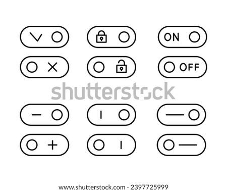 Turn on and turn off icon . User interface mobile swith bar. Operating toggle panel line icons set, editable stroke isolated on white, linear vector outline illustration, symbol logo design style