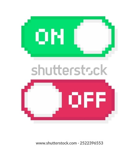 Turn on and off mode switch pixel art, On and Off toggle switch buttons for web and app ui designs.