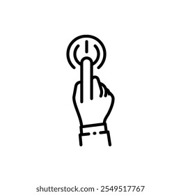 Turn on power button click linear icon. Thin line illustration. Hand pressing power button. Contour symbol. Editable stroke isolated on white background.