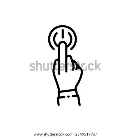 Turn on power button click linear icon. Thin line illustration. Hand pressing power button. Contour symbol. Editable stroke isolated on white background.