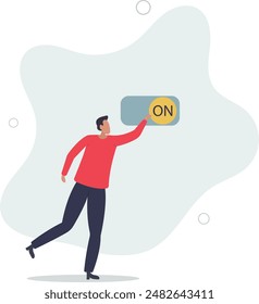 Turn on switch, paradigm shift or change to be better status, start or begin business, setting or preference concept..flat design.illustration with people.