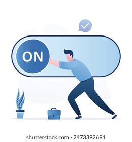 Encienda el interruptor, empresario inteligente tirando del control deslizante. Configuración o preferencia en la aplicación. Cambiar de Estado, comenzar nuevos negocios, iniciar. El hombre de negocios presiona el interruptor del Botón de ajuste a la posición de encendido. Vector plano