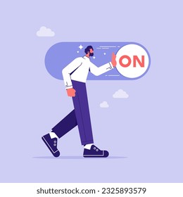 Turn on switch, start or begin business, setting or preference concept, businessman push setting button switch to on position