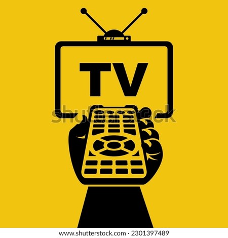 Turn on the TV black icon. Remote control holding in hand. Social media. Rest at home, while watching programs. Vector illustration flat design. Watching television. Web design.