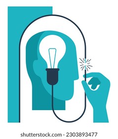 Turn on your creativity - person silhouette with lamp in his head turning on the switch. Mental development, creative solutions or self discipline metaphor