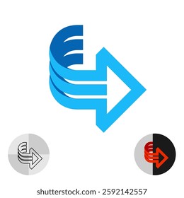 Turn out arrow wide lines 3D style icon. Flip page creative three ribbon blue perspective symbol. Peel the film or sticker stylized sign.