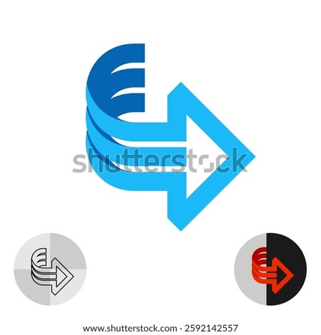 Turn out arrow wide lines 3D style icon. Flip page creative three ribbon blue perspective symbol. Peel the film or sticker stylized sign.