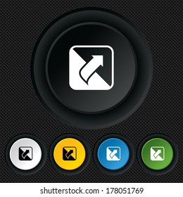 Turn page sign icon. Peel back the corner of the sheet symbol. Round colourful buttons on black texture. Vector