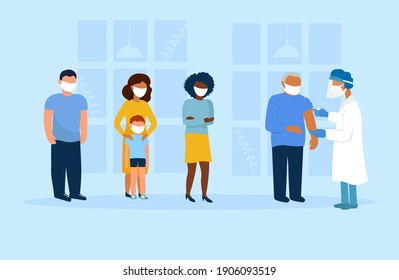 It is the turn of people of different ages, gender, and skin color to inject a vaccine against the virus in the hospital. The concept of victory over the global pandemic. Vector graphics.