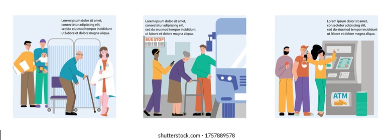 Turn people set with compositions of editable text and flat human characters giving way in queue vector illustration