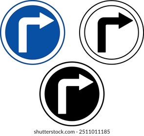 Turn Right Ahead Signs. Blue Road Signs. Black and White Vector Icons