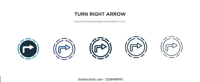turn right arrow icon in different style vector illustration. two colored and black turn right arrow vector icons designed in filled, outline, line and stroke style can be used for web, mobile, ui