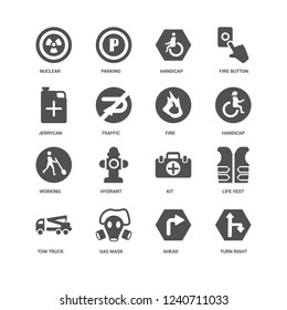 Turn right, Handicap, Fire, Tow truck, Life vest, Nuclear, Jerrycan, Working, Ahead, Gas mask, Handicap icon 16 set EPS 10 vector format. Icons optimized for both large and small resolutions.