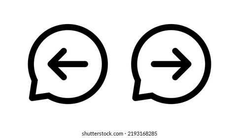 Gire el vector de icono de flecha derecha e izquierda en la línea de burbuja de voz. Símbolo de signo hacia delante y hacia atrás