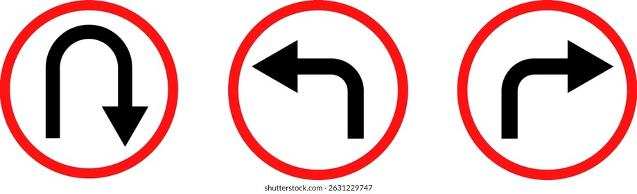  turn Right, Left, U sign set. sharp turn warning. driving navigation icon. traffic direction and Road safety. warning road sign
