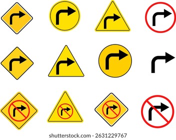 Turn Right and no turn right sign set. Arrow Sign Direction Icon. Road sign indicates. redo process. road signpost symbol
