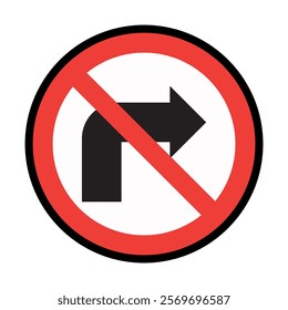turn right prohibited, traffic sign with black arrow in a red circle, isolated on white, vector illustration