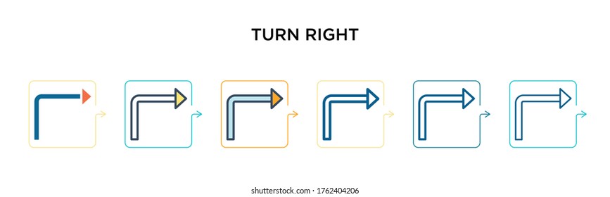 Turn right sign vector icon in 6 different modern styles. Black, two colored turn right sign icons designed in filled, outline, line and stroke style. Vector illustration can be used for web, mobile,
