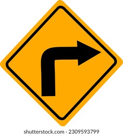 Turn right traffic road sign. Vector Illustration, Isolated on yellow background. Replaceable vector design.