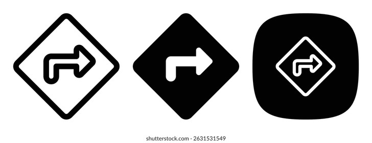 Turn Right Traffic Sign Icon Set, Outline, Solid, and Glyph Styles Vector