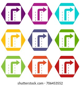 Turn right traffic sign icon set many color hexahedron isolated on white vector illustration