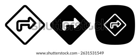 Turn Right Traffic Sign Icon Set, Outline, Solid, and Glyph Styles Vector