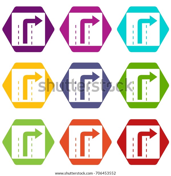 Turn right traffic sign icon set many\
color hexahedron isolated on white vector\
illustration
