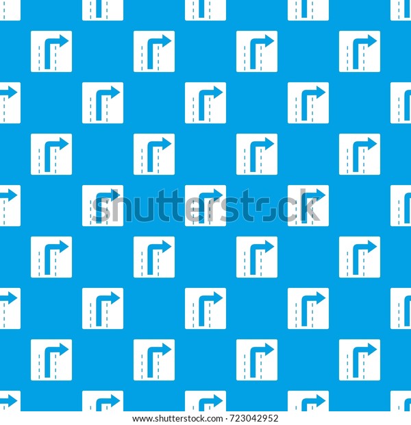 Turn right traffic\
sign pattern repeat seamless in blue color for any design. Vector\
geometric illustration