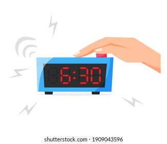 Turn of ringing alarm clock, pressing button on electronic clock, early morning concept, waking up early, flat vector illustration