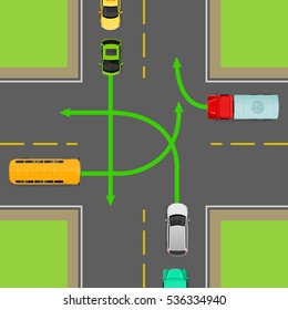 Turn Rules On Four-way Intersection Flat Vector Illustration. Road Rule Violation On Top View Diagram. Traffic Offences Concept. Danger Of Car Accident. Driving Theory Lesson. For Driving Courses Test