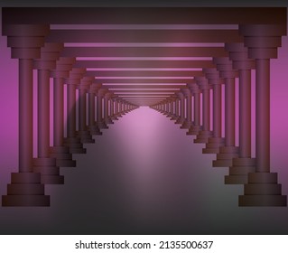 Turn of the shined corridor with columns and light making the way ahead
