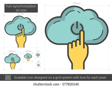 Turn synchronization on vector line icon isolated on white background. Turn synchronization on line icon for infographic, website or app. Scalable icon designed on a grid system.