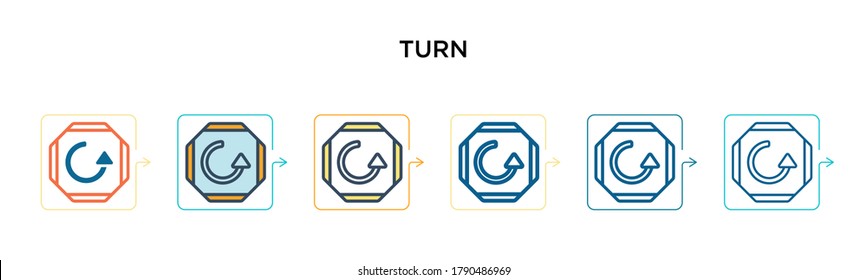 Turn vector icon in 6 different modern styles. Black, two colored turn icons designed in filled, outline, line and stroke style. Vector illustration can be used for web, mobile, ui